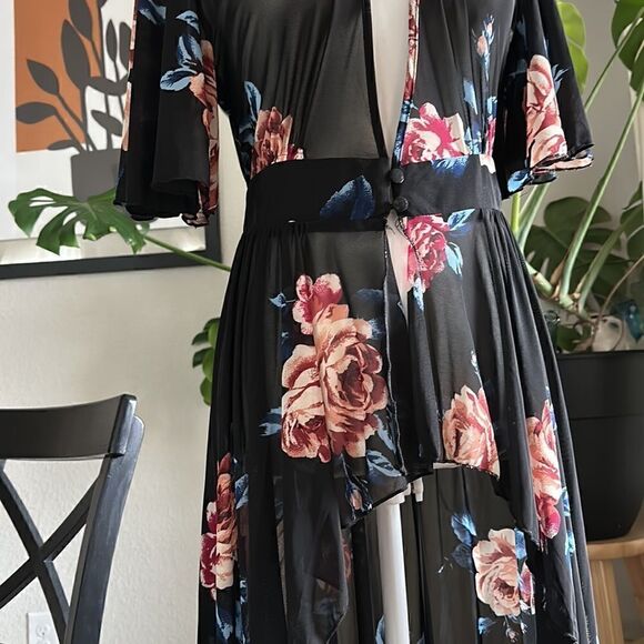 NWOT L.I.F.E Sheer Floral Dress Layering Cover High Low Black Retro Feminine - Picture 7 of 10